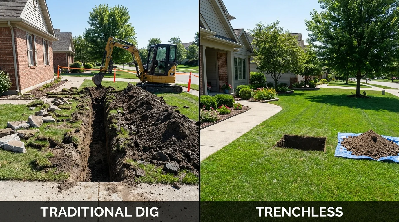 Trenchless sewer repair with minimal yard damage versus traditional excavation in New London, CT