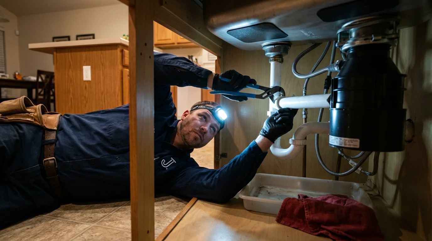 P-trap and supply line connections under a kitchen sink showing a common leak point in New London, CT